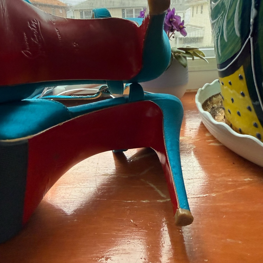 Christian Louboutin Teal Satin T-Strap Peep-Toe Heels with Bow Accent - Women - Picture 4 of 8